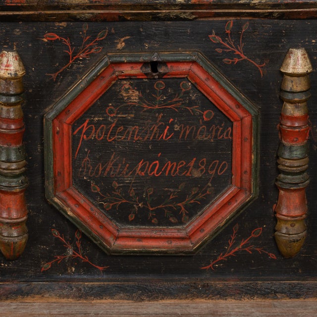 Original Painted Hungarian Flat-Top Trunk, Dated 1890 For Sale - Image 6 of 17
