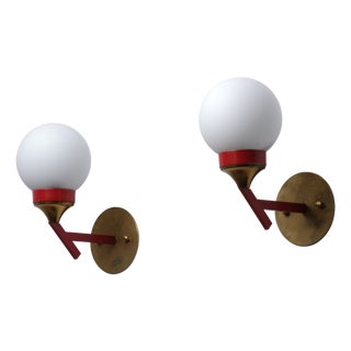 Italian Brass, Red Metal and Opaline Glass Globe Sconces, 1950s, Set of 2 For Sale