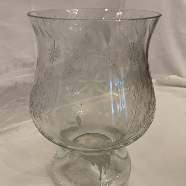 A Fine and beautifully cut hurricane glue for a single candlestick. Olive cuts, slash cuts, leafy foliage, and floral...