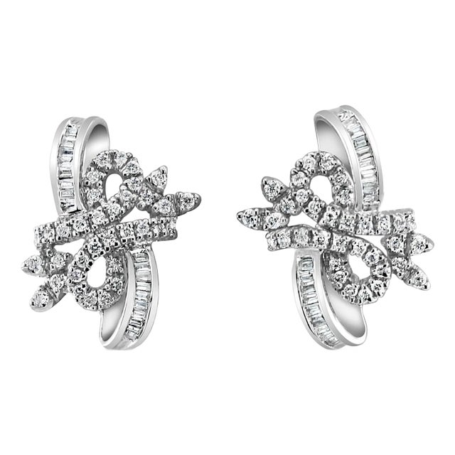 One Carat Ribbon Style Diamond Earrings, 2 Pieces For Sale
