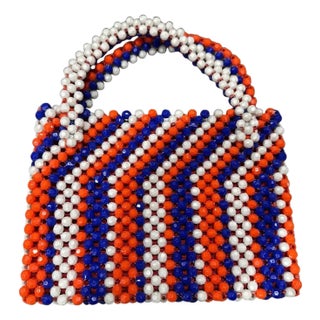 1970s Red Blue and White Faceted Beaded Italian Hand-Bag For Sale