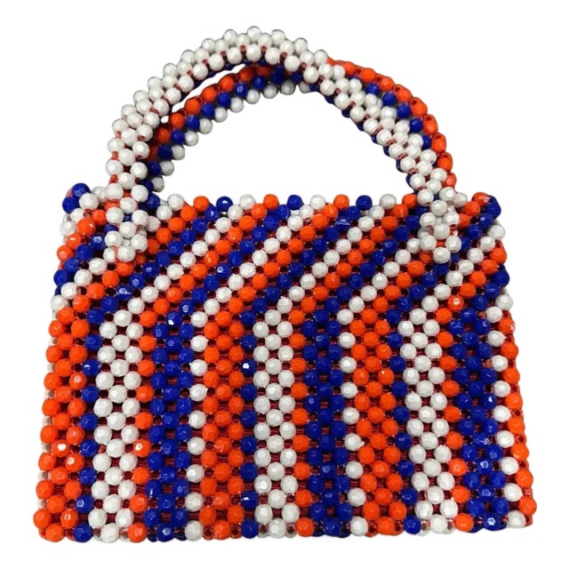 1970s Red Blue and White Faceted Beaded Italian Hand-Bag For Sale