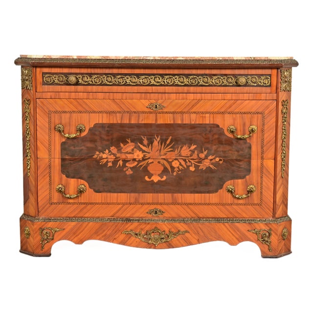 Paul Sormani Style French Regency Louis XVI Kingwood Inlaid Marquetry Marble Top Commode With Mounted Gilt Bronze Ormolu For Sale