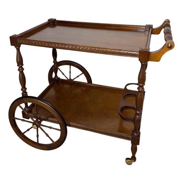 Mid-Century Modern Spanish Wooden Bar Cart with Turned Legs and Bottle Holder, 1940 For Sale