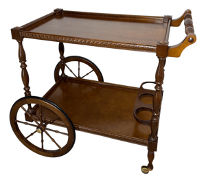 Mid-Century Modern Spanish Wooden Bar Cart with Turned Legs and Bottle Holder, 1940
