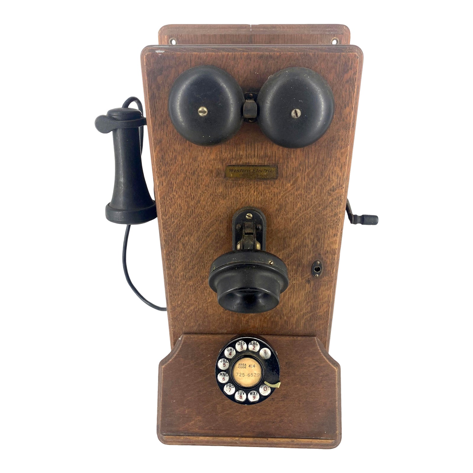 Antique Early 20th Century Solid Wood Wall Telephone With Dial and Hand