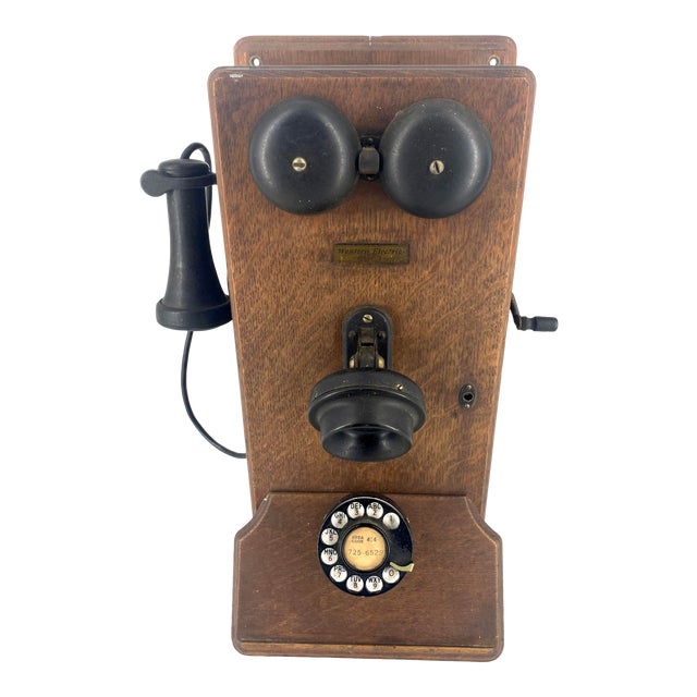 Antique Early 20th Century Solid Wood Wall Telephone With Dial and Hand