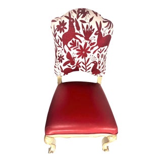 Bold Red Leather and Otomi Hand Embroidery New Upholstery on Vintage Late 20th Century Louis XV Chair For Sale