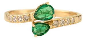 Pear Cut Natural Emerald and Diamond Bypass Ring Size 7 in 14k Yellow Gold