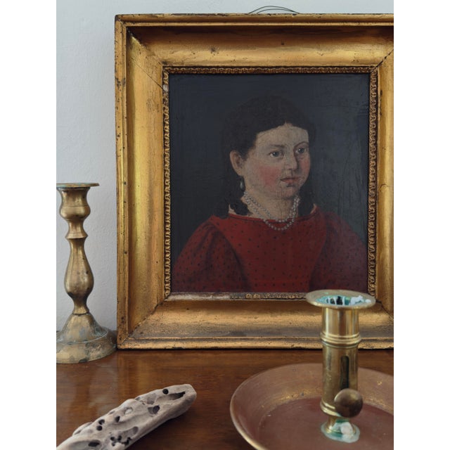 19th Century Danish Folk Art Portrait of Young Girl in Red Dress With Pearl Necklace (Oil on Board) For Sale - Image 12 of 12