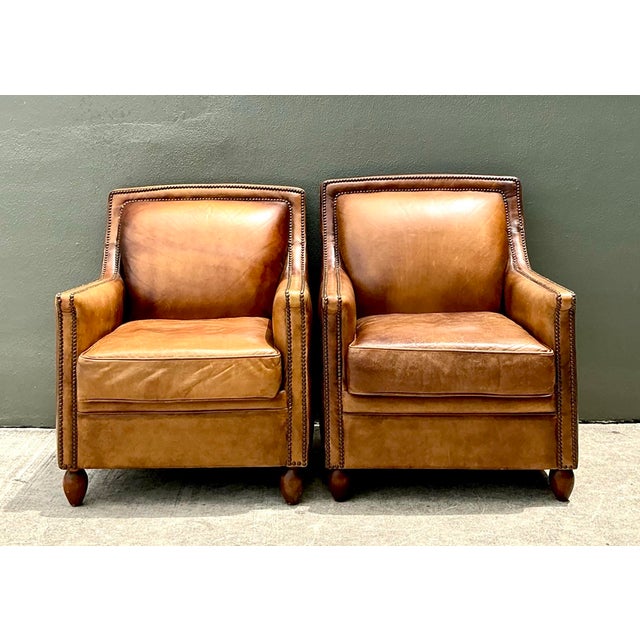 Wood Vintage Nailhead Trim Leather Armchairs - Pair For Sale - Image 7 of 12