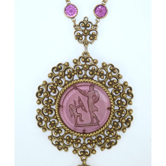 1960s Goldette Amethyst Glass Intaglio Pendant Necklace, 1960's For Sale - Image 5 of 12