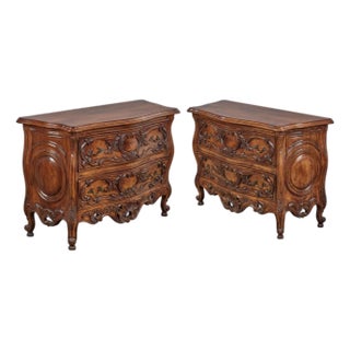 Pair of Louis XV Provincial Style Hand-Carved Two-Drawer Commodes/Chests For Sale