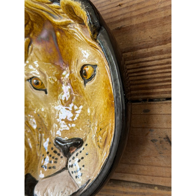 Traditional Vintage Italian Glazed Terracotta Lion Wall Plate | Sculptural Ceramic Wall Art For Sale - Image 3 of 11