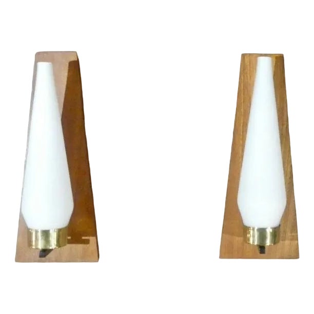 Brass, Opal Glass and Teak Wall Lights from Stilnovo, Italy, 1950s, Set of 2 For Sale