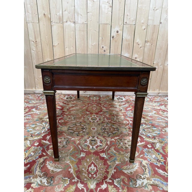 Brown Louis XVI Style Flat Desk in Mahogany and Green Leather, 1950s For Sale - Image 8 of 9