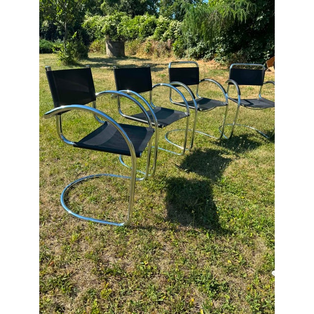 1970s Vintage Bauhaus Tubular Chrome and Black Armchair, 1970s, Set of 4 For Sale - Image 5 of 7