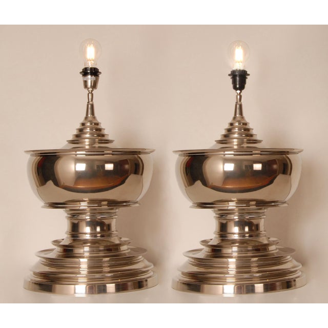 Vintage Chrome Table Lamps Tall Silver and Royal Blue Modern Vase Lamps Set of 2 For Sale - Image 9 of 11