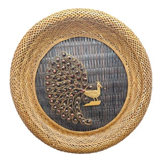 Vintage 1970s Wicker Peacock Wall Hanging Boho Rattan Woven Art For Sale