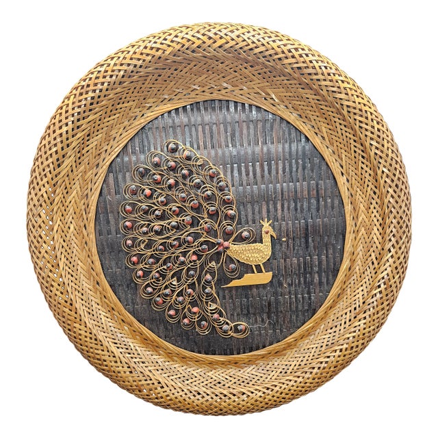 Vintage 1970s Wicker Peacock Wall Hanging Boho Rattan Woven Art For Sale