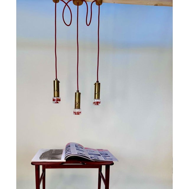 3-Light Brass and Mouth-Blown Glass Art Hanging Lamp, Sweden 1960s For Sale - Image 11 of 18
