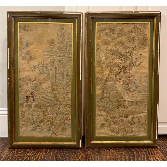 Pair of 19th-Century Figural Needlepoint & Petit Point Pastoral Panels For Sale - Image 14 of 16