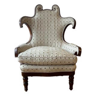 Antique Scroll-Crest Upholstered Armchair in Mahogany Frame For Sale