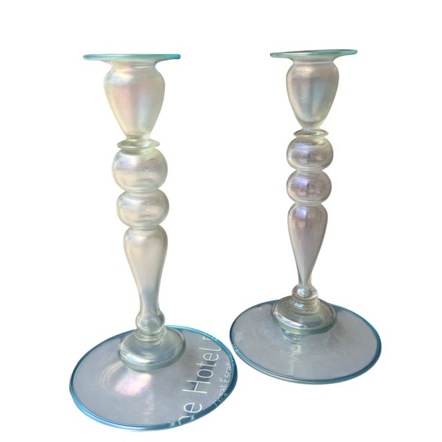 Italian Pair of Steuben Glass Verre De Soie Candlestick Aquamarine Blue Trim For Sale - Image 3 of 5