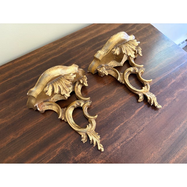 Pair of Mid-Century Italian Rococo Giltwood Wall Shelves For Sale - Image 4 of 9