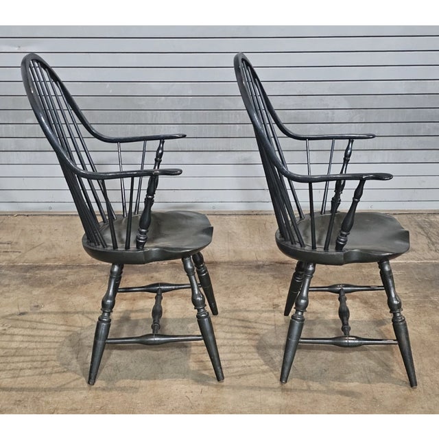 Late 20th Century Late 20th Century Pair of Rolf Holfer Continuous Windsor Arm Chairs Bench Made Dark Green Finish For Sale - Image 5 of 8