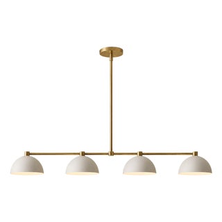 Modern Linear Chandelier 4 Light, Matte Off White Dome Pendant Light Brass Dining Room Fixture, Kitchen Island Lighting, Minimalist Light For Sale