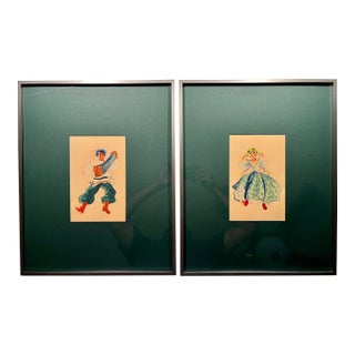 Original 1946 Folklore Dancers Paintings Watercolor & Gouache Signed at the back - Pair For Sale