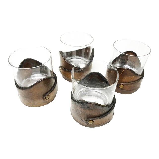 Vintage Drinking Glasses With Leather Holder Set of 4 Chairish