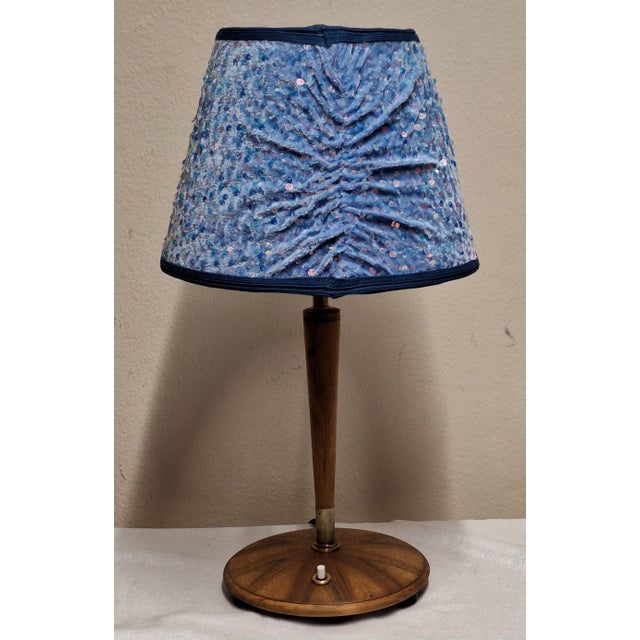 Art Deco Table Lamp with Walnut Base and Fabric Shade, 1930s, in Very Good conditions. Designed 1920 to 1949 European Plug...