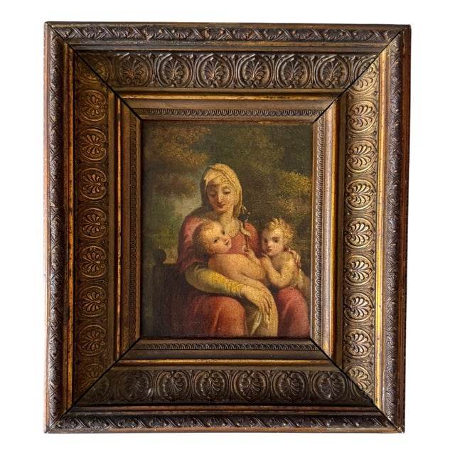 Central Italian School, Madonna with Child and Saint John, Oil on Cardboard, 1800s, Framed For Sale