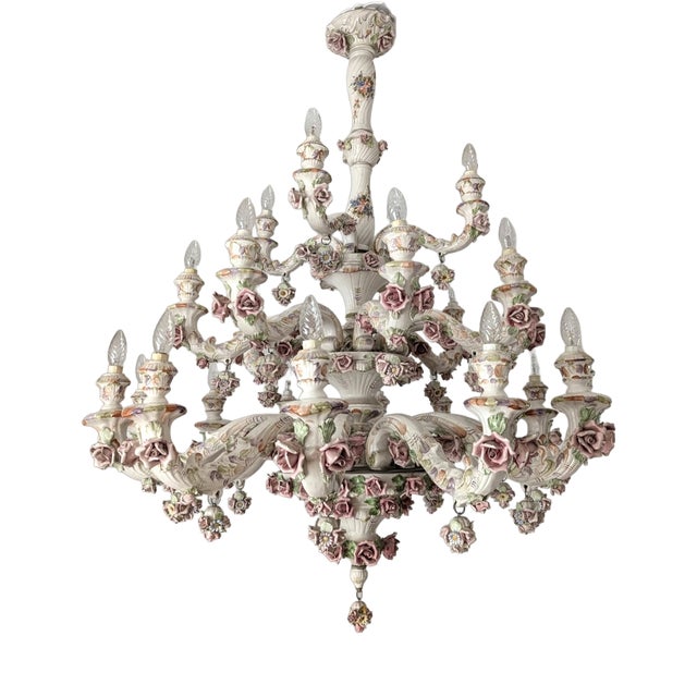 Large Italian Porcelain Three Tier Chandelier in the style of Capodimonte, 1950s For Sale