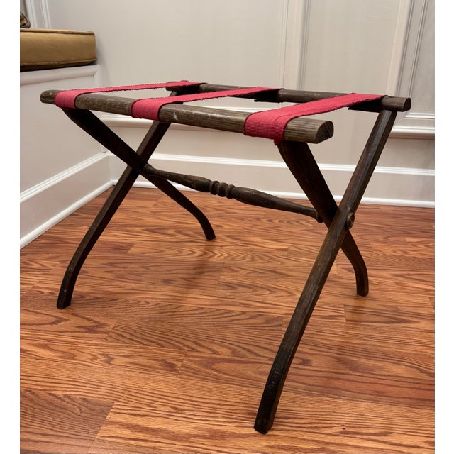 Mid Century Adirondack Style Red Canvas Strap Wooden Collapsible Luggage Rack For Sale - Image 4 of 10
