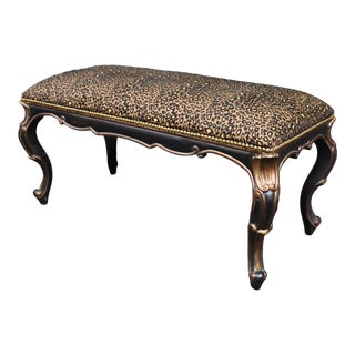 Louis XV Style Black & Gold Leopard Print Bench For Sale