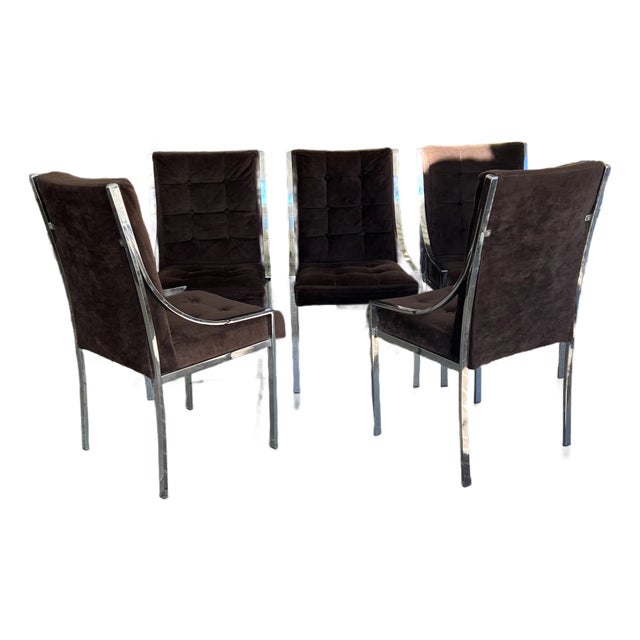 Set of 5 Vintage Chrome Frame Dining Chairs in the Style of Milo Baughman For Sale