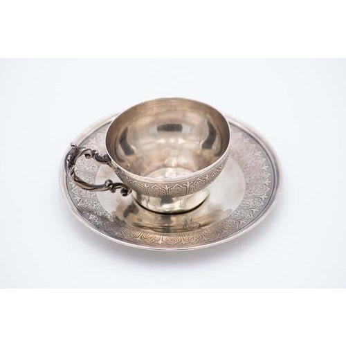 Silver Cup and Saucer with Embossed Slavic Style For Sale - Image 4 of 5