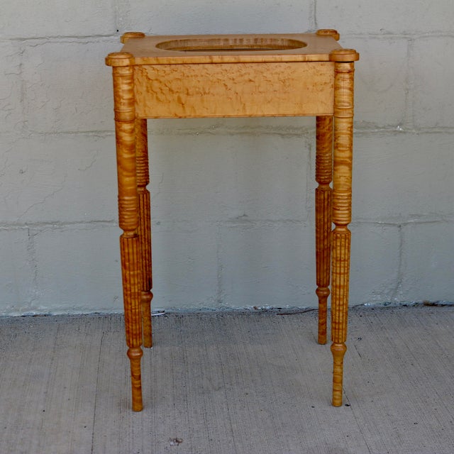 1984 Handcrafted One Drawer Bird’s Eye Maple Display Stand With Blue and White Platter For Sale In Cincinnati - Image 6 of 18