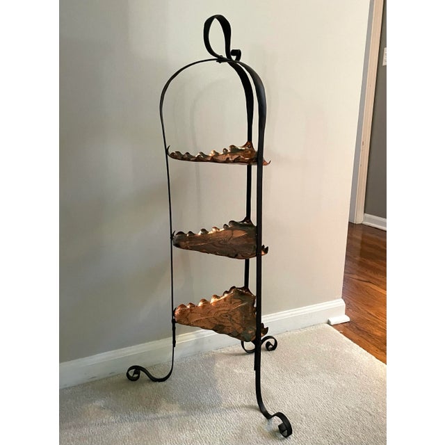 Vintage Midcentury Arts & Crafts Style Wrought Iron & Copper 3-Tier Stand For Sale - Image 4 of 10