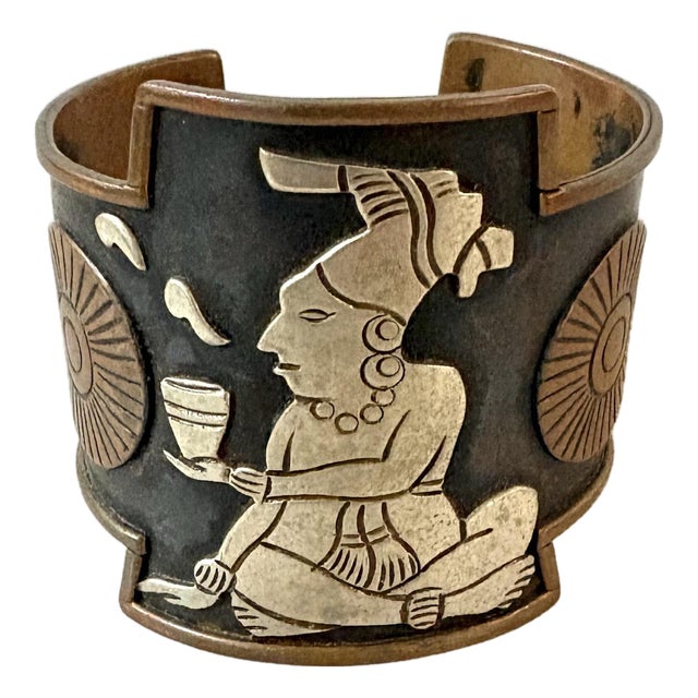 Vintage Solid Copper & Silver Cuff Bracelet Featuring a Raised Mayan or Aztec-Style Figure For Sale