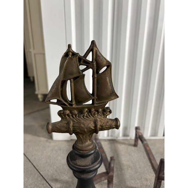 Pair of Andirons With Brass Decorative Ships, 19th Century