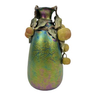 1900s Clément Massier Art Nouveau Pottery Vase With Iridescent Apple Design 14"h X 8"w For Sale