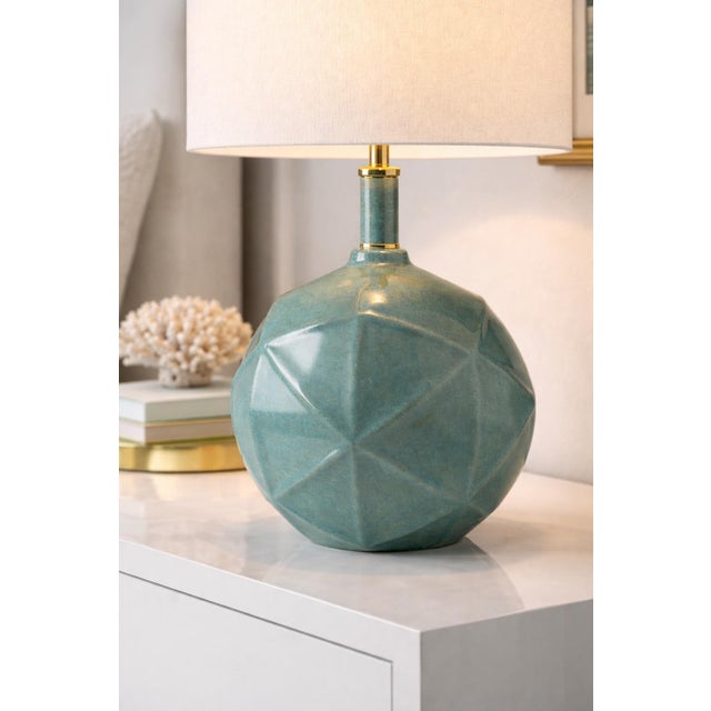 Ceramic Coastal Modern Faceted Ceramic Table Lamp in Sea Glass Glaze With Brass Accents For Sale - Image 7 of 7