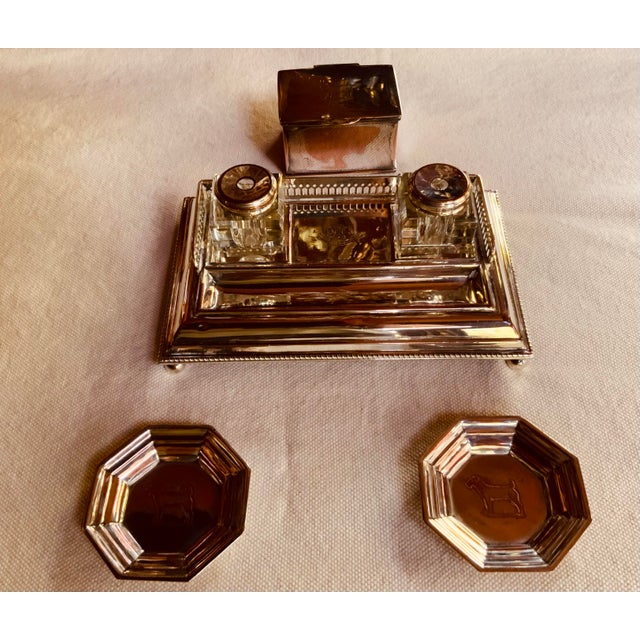 English Silverplate Desk Set With "Ich Dien" Inkwell & Terrier Accessories, C. 1950 For Sale - Image 11 of 12