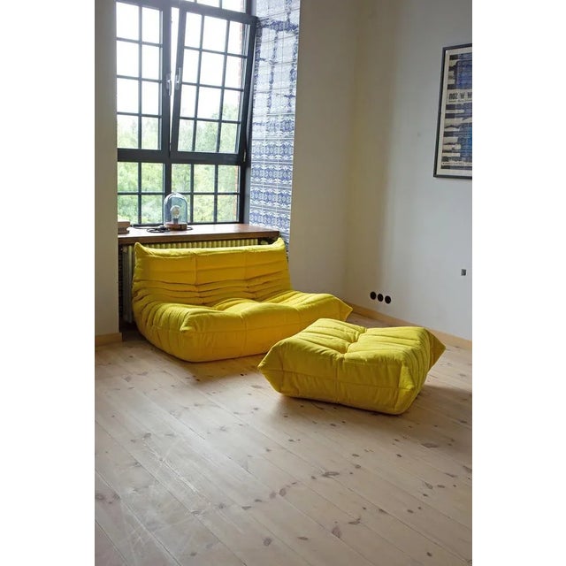 Set of Yellow Microfiber Togo Pouf and 2-Seat Sofa by Michel Ducaroy for Ligne Roset For Sale - Image 6 of 6
