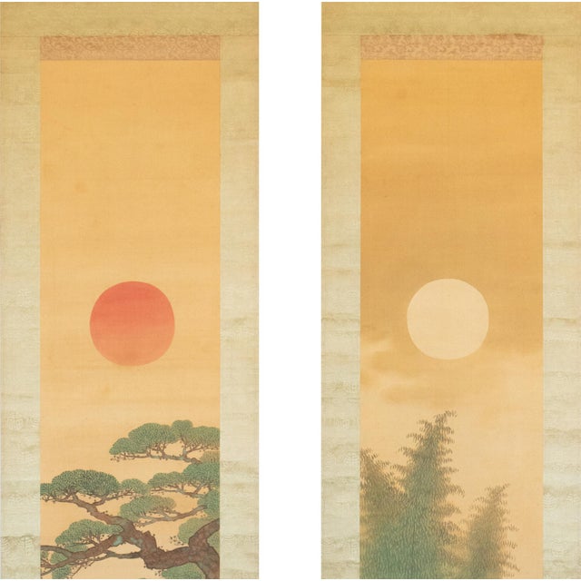 Japanese "Sunrise and Moonrise" by Yamada Keichu, Meiji Japanese Paintings in Original Case, Set/2 For Sale - Image 3 of 18
