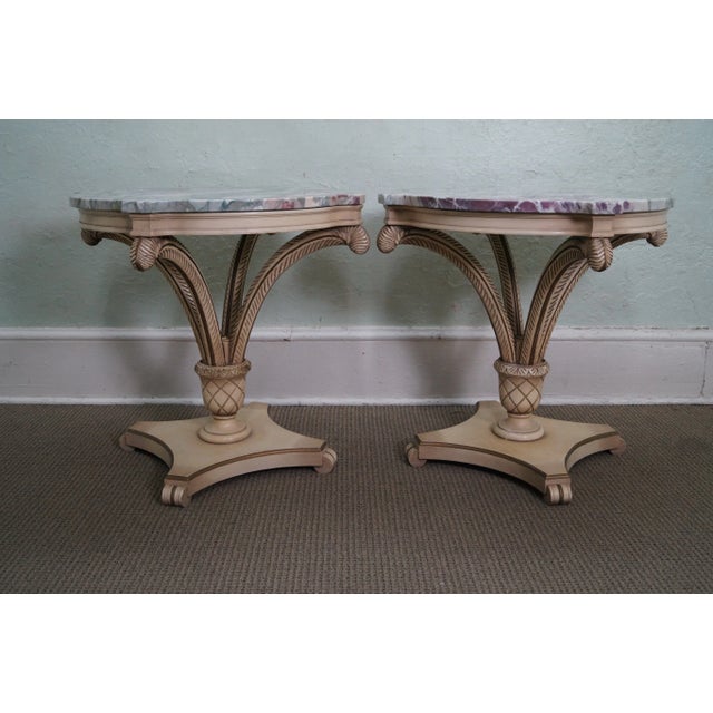 Hollywood Regency Grosfeld House Painted Wood Marble Top Side Tables For Sale - Image 3 of 10